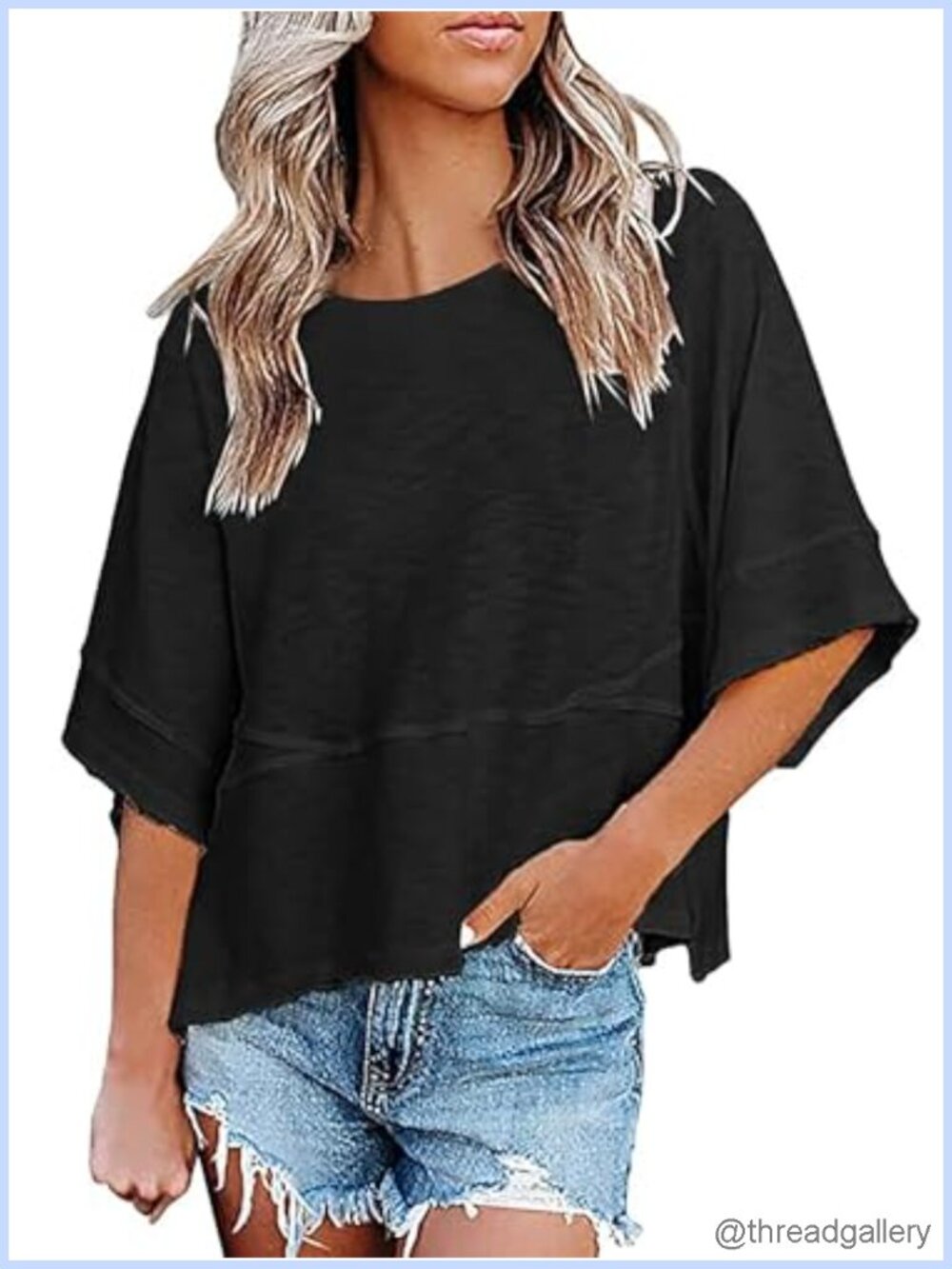 Womens 3/4 Sleeve Batwing T-Shirt Loose Crewneck Summer Top